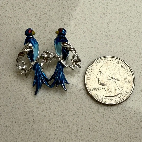 Vintage Blue Lovebirds Brooch Pin Silver Tone Enamel - Picture 7 of 7